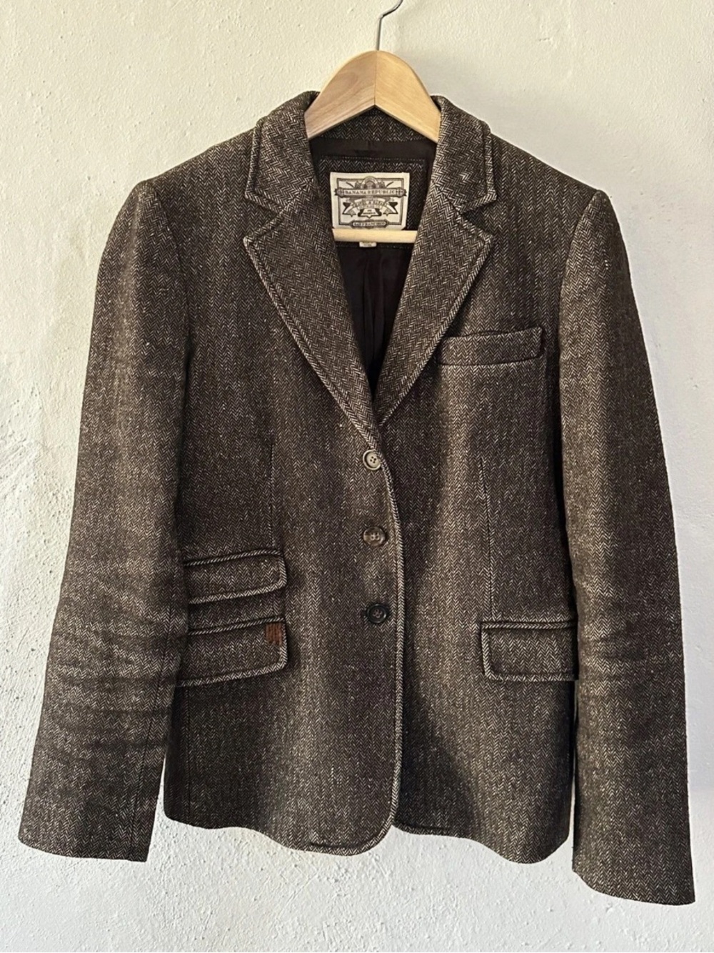 Banana Republic Travel & Safari 1980 vintage brown wool houndstooth blazer XS/S - Picture 2 of 13